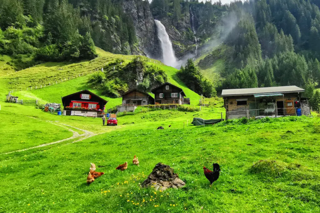 Alp Äsch in Unterschächen with the famous Stäuber Waterfall.