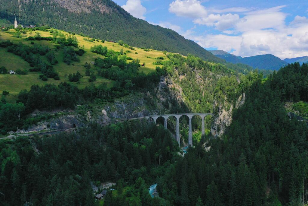 Landwasser Viaduct, a large train bridge in the Swiss Alps.
