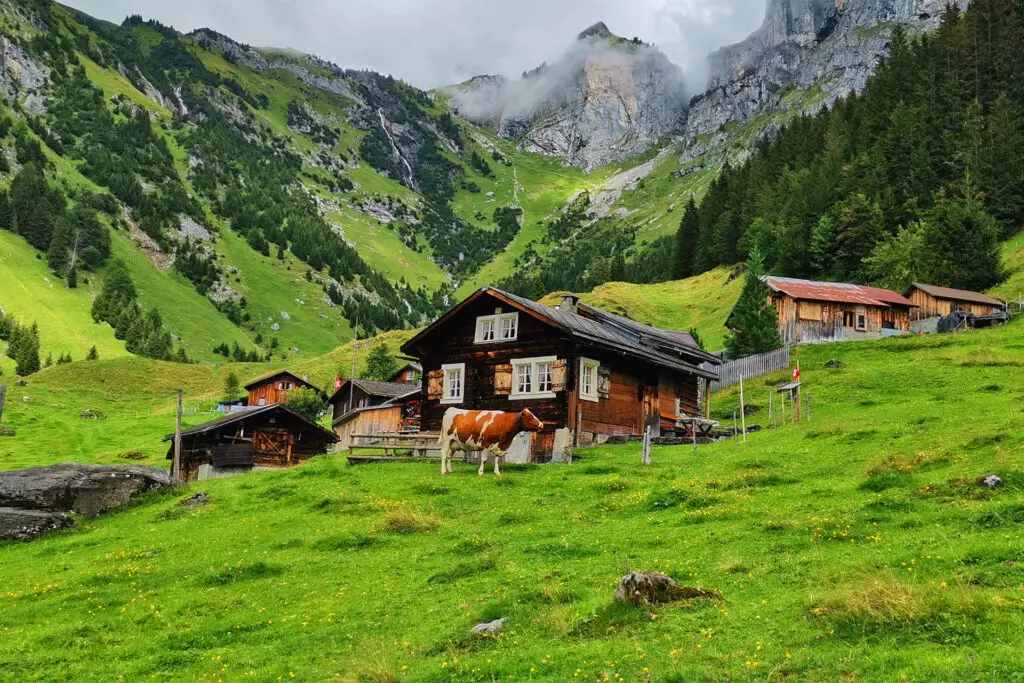 Ein Chalet auf der Alp Äsch mit dem Klausenpass im Hintergrund. Im Sommer weiden hier die Kühe.