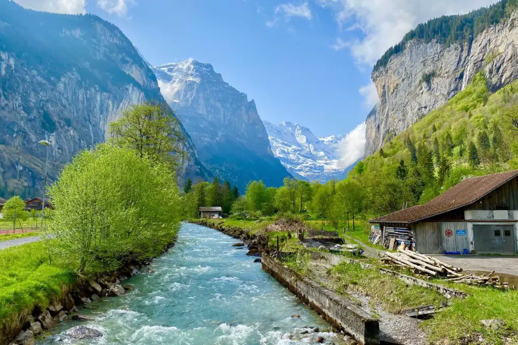 Lauterbrunnen valley with the dreamy river and 72 waterfalls.