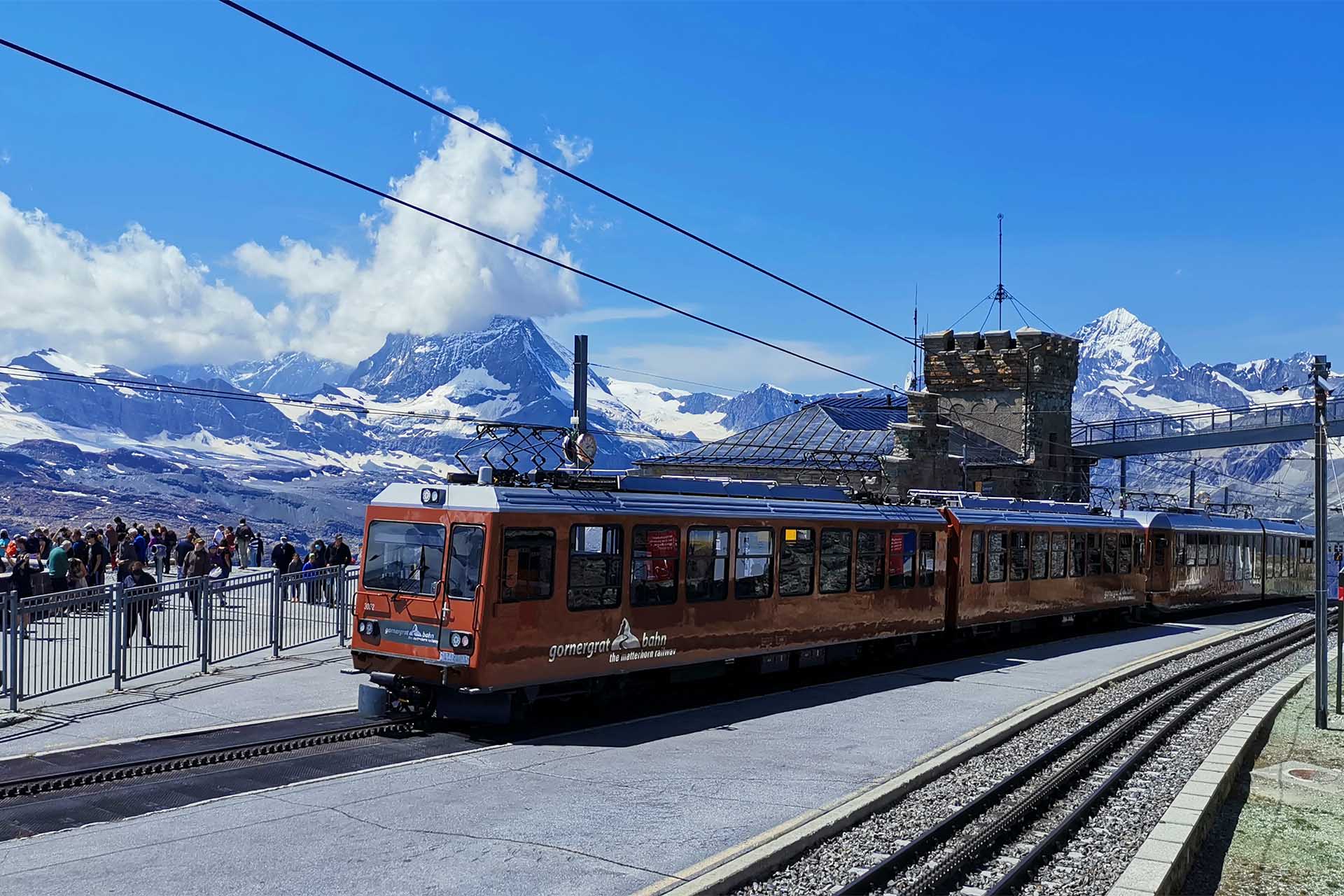 The Gornergrat railway with the Matterhorn in the background.