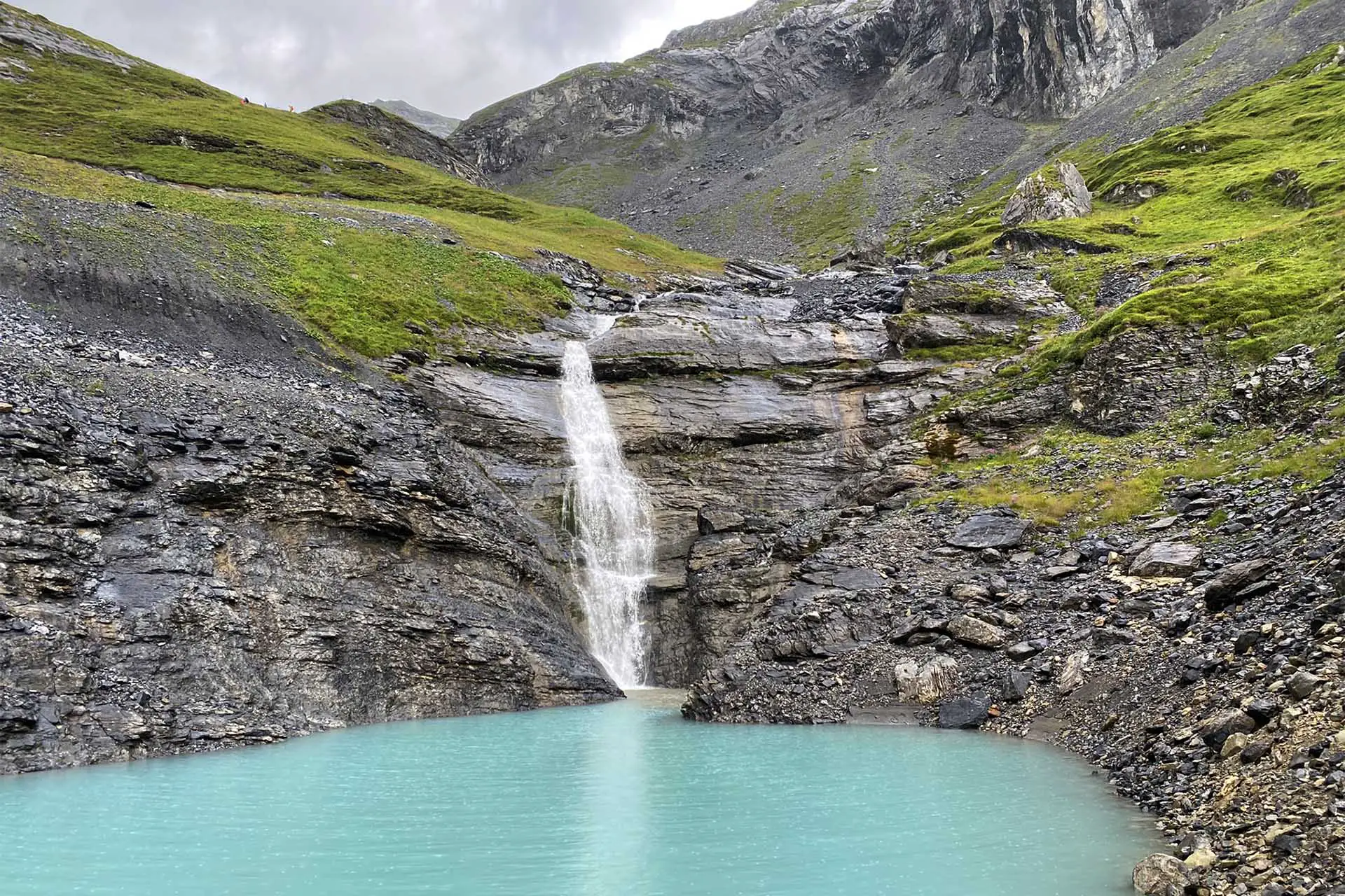 The Limmernsee Waterfall in the Swiss Alps.