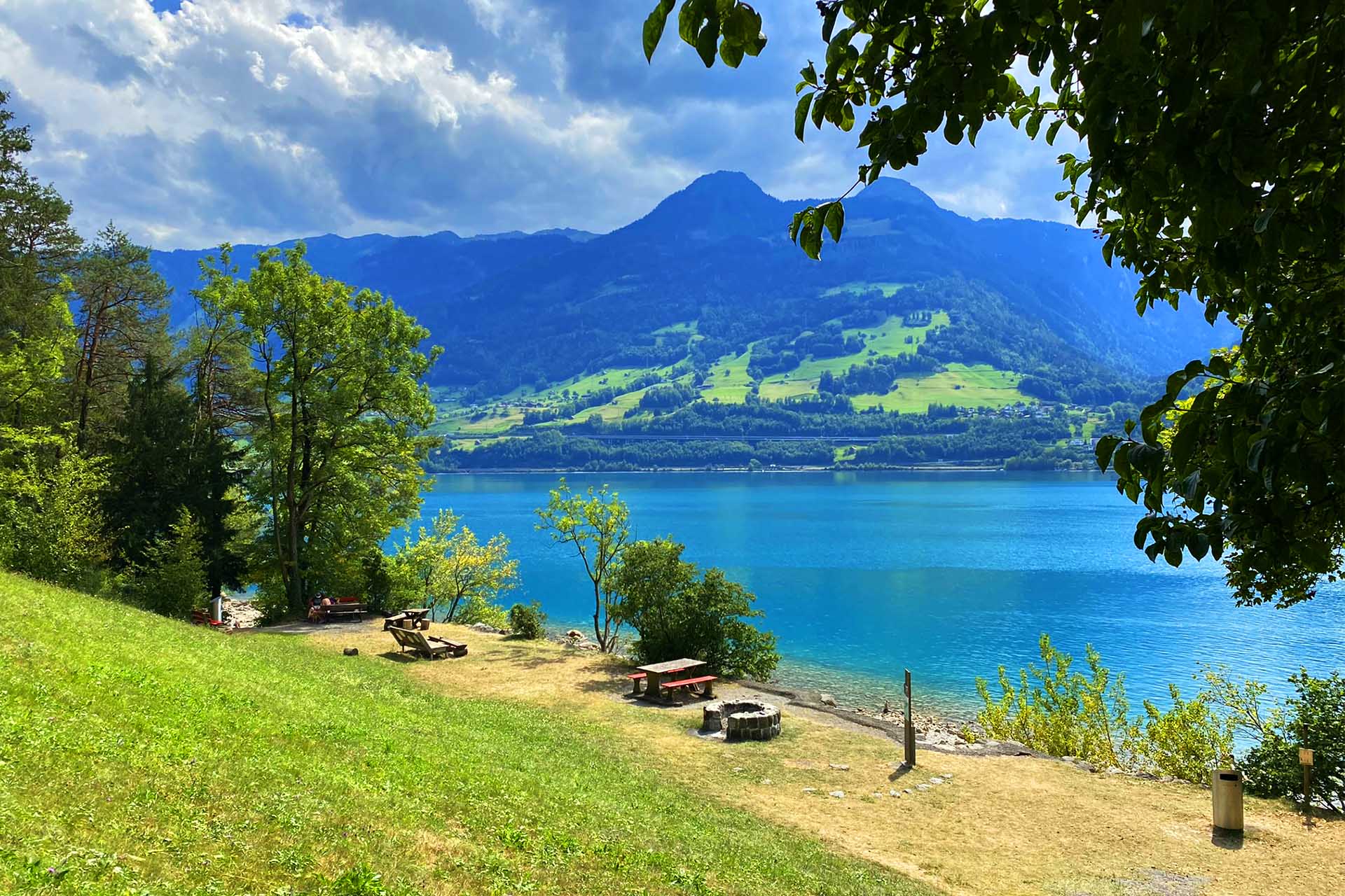 Perfect swimming spot at Lake Walensee - on the picture is the free lido in Quinten Au.